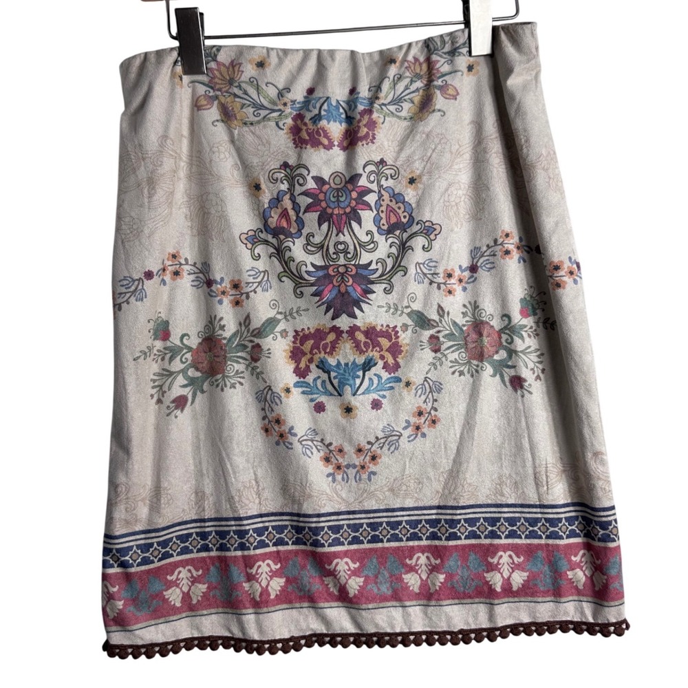 Wrangler Faux Suede Floral Boho Pencil Skirt Pom Pom Trim Cream western 2000s